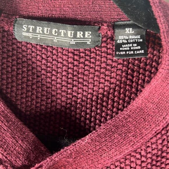 Structure Mens Long Sleeve Sweater Pullover 1/4 Button Up Ramie Cotton Maroon XL - Picture 3 of 9